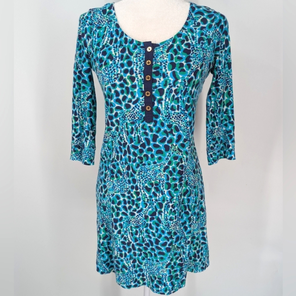 Lilly Pulitzer Blue Green Giraffe Animal Print Caila Gigi Henley Button Dress XS